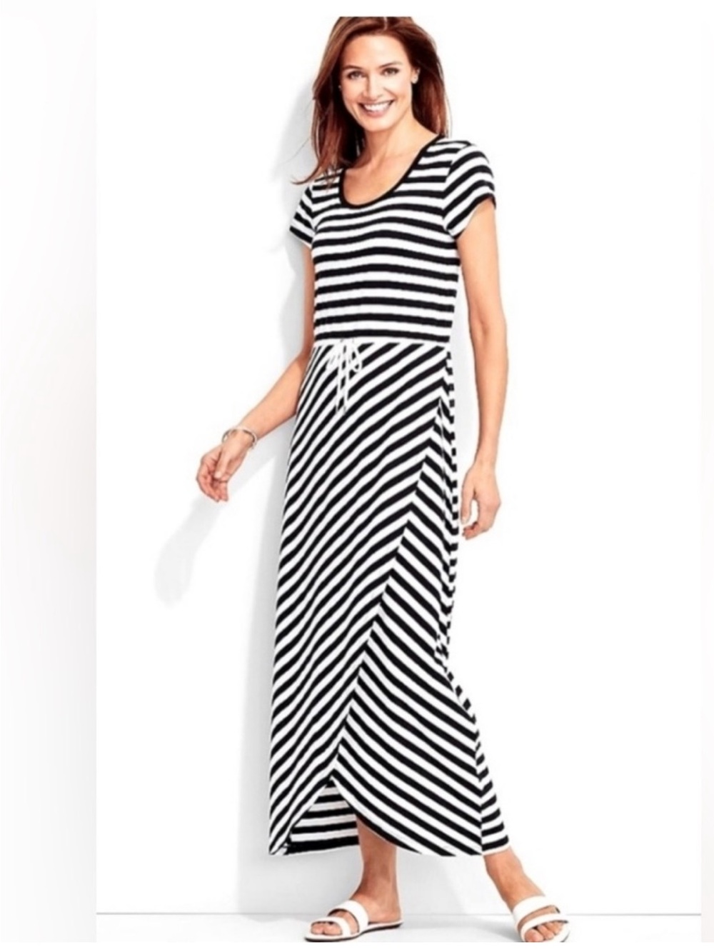 Talbots Striped Stretch Maxi Faux Wrap Dress Tie Waist Black White Coastal SZ M
